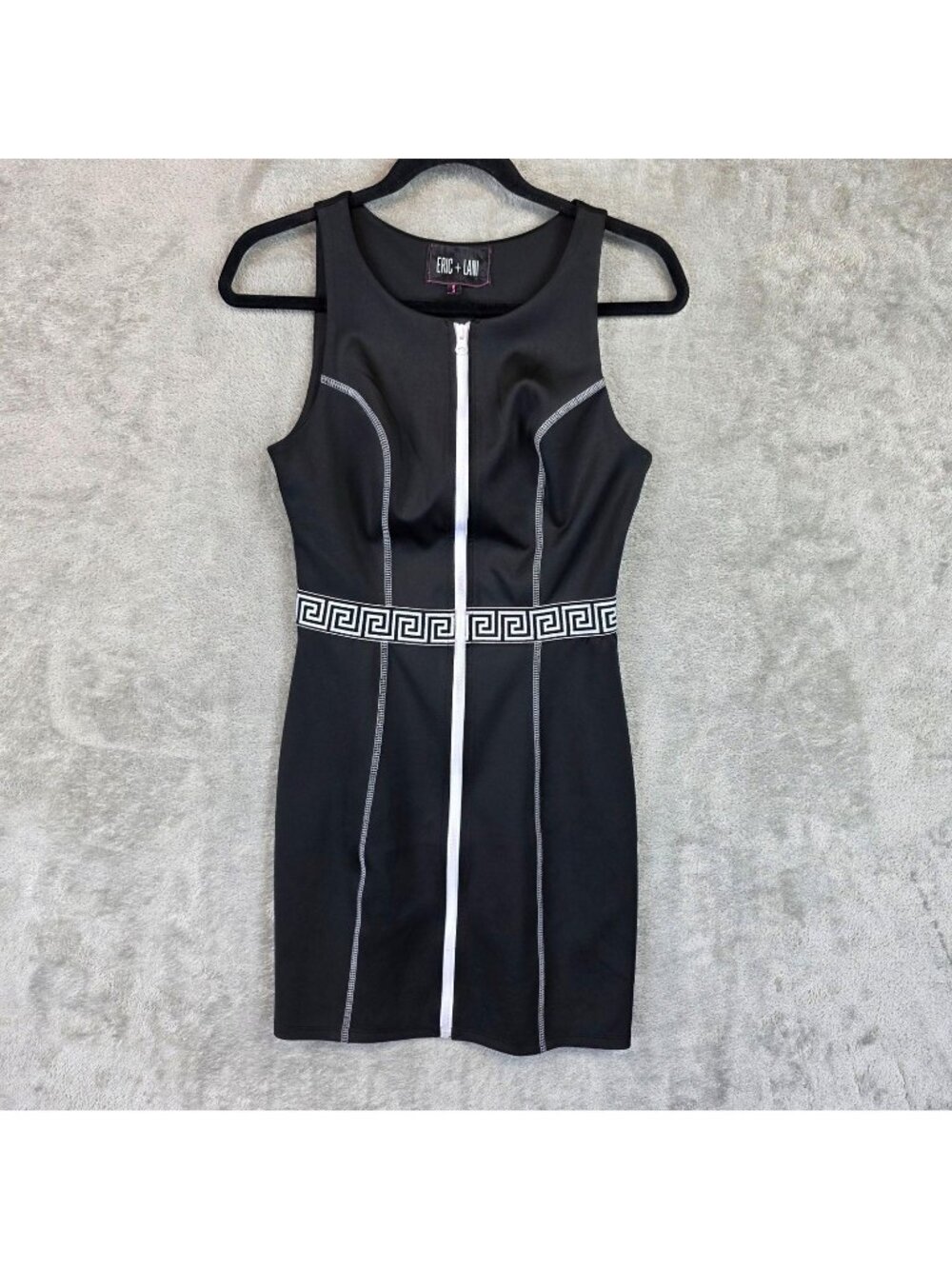 Eric + Lani Dress Womens S Black Geometric Scoop Neck Zip Front Bodycon Mini